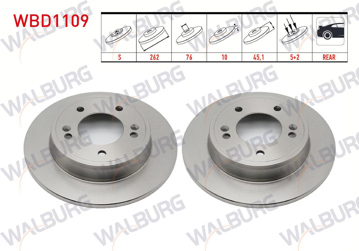 WALBURG WBD1109 Brake Disc Rear Straight 5 Bjn 262X10x45x76 5 Hyundai Elantra 1.6 D-Cvvt 2011-2015 / Elantra 1.6 CRDi-1.6 D-Cvvt 2015-/ i30 1.6 CRDi 2011-2017 | Set of 2