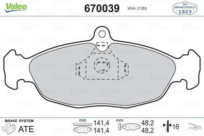 Valeo 670039 Brake Pad Front Opel Astra F/Corsa B/Vectra A/Tigra/Combo 1.2-1.7 — Brake Pads