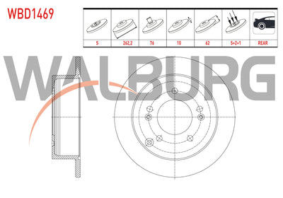 WALBURG WBD1469 Brake Disc Rear Straight 5 Bjn 262,2X10x76x62 Kia Sportage 2.0 CRDi 2004-2010 / Magent — Brake Rotors & Drums