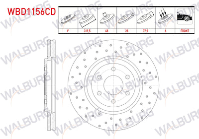WALBURG WBD1156CD Brake Disc Front Air Coated Performance Drilled 6 Bjn 319,5X28x68x37 — Brake Rotors & Drums