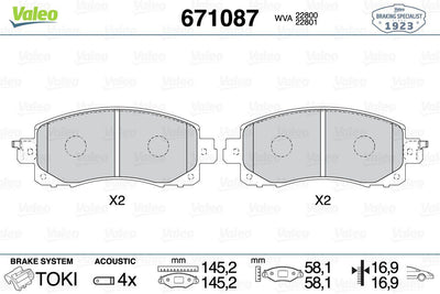 Valeo 671087 Brake Pad Front Subaru Forester 2.0 Hybrid AWD / Impreza 1.6-2.0 / Legacy 2.0D-2.5 — Brake Pads