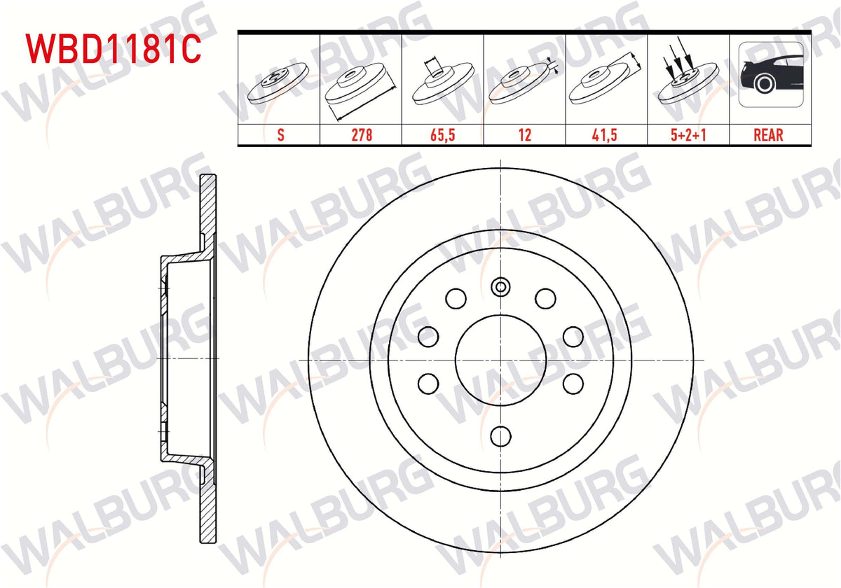 WALBURG WBD1181C Brake Disc Rear Straight Coated 5 Bjn 278X12x65,5X41 — Brake Rotors & Drums
