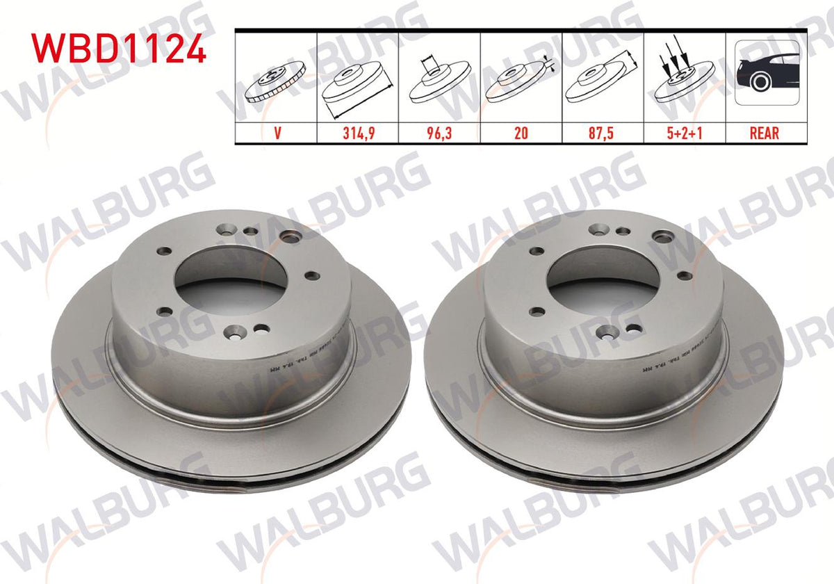 WALBURG WBD1124 Brake Disc Rear Air 5 Bjn315x20x96,2X87,5 Kia Sorento I (Jc) 2.5 CRDi 2002-2009 | Set of 2