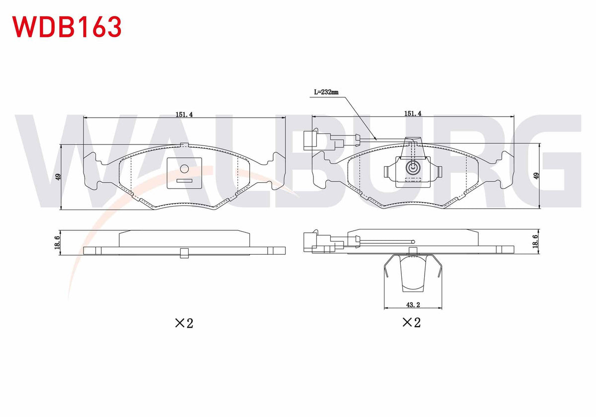 WALBURG WDB163 Brake Pad Front with Connector Fiat Palio 1.2i 16V 1996-2005 / Palio 1.4i 1996-2005 / Palio 1.6i — Brake Pads