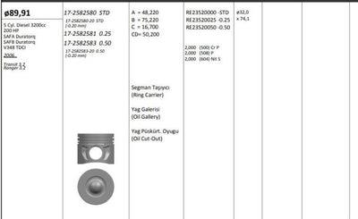 King 17258258320 Piston 89.91 mm (+ 0.50) Fort Transit V348 Ranger 3.2 TDCi 06-Saf (0.20 Short) — Pistons & Rotating