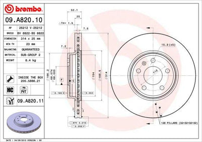 Brembo 09.A820.10 Brake Disc Front Audi A4 A5 05-21 314X25 Set of 2 — Brake Rotors & Drums