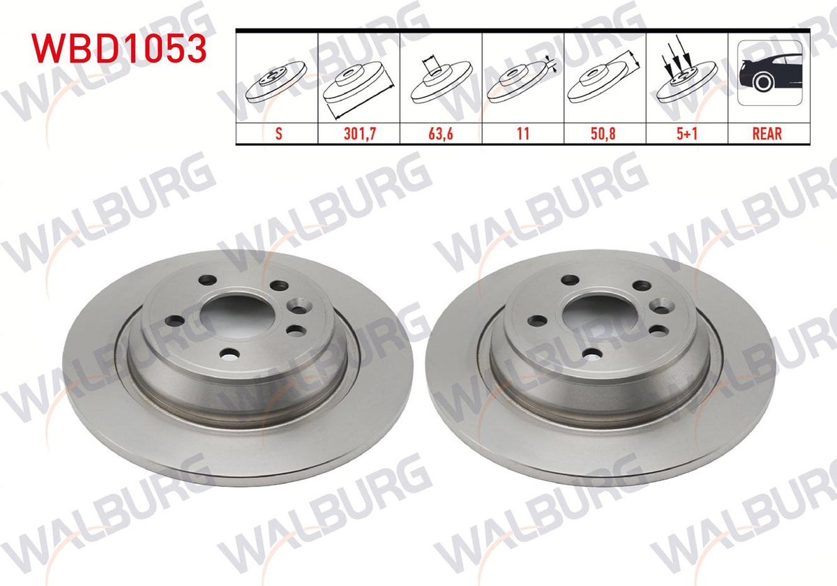 WALBURG WBD1053 Brake Disc Rear Straight 5 Bjn 301, 7X11x63 and 2 more models — Brake Rotors & Drums