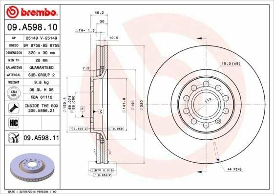 BREMBO Front Brake Discs 09.A598.11 - Audi A4 98-08, A6 98-05 & Seat Exeo 09-14 — Brake Rotors & Drums