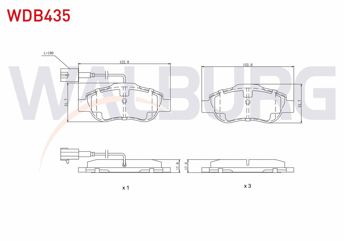 WALBURG WDB435 Brake Pad Front with Connector Fiat Fiorino 1.3 Mjt 2007-/ Linea 1.3 Mjt 2007-/ Linea 1.4 2007-/ — Brake Pads