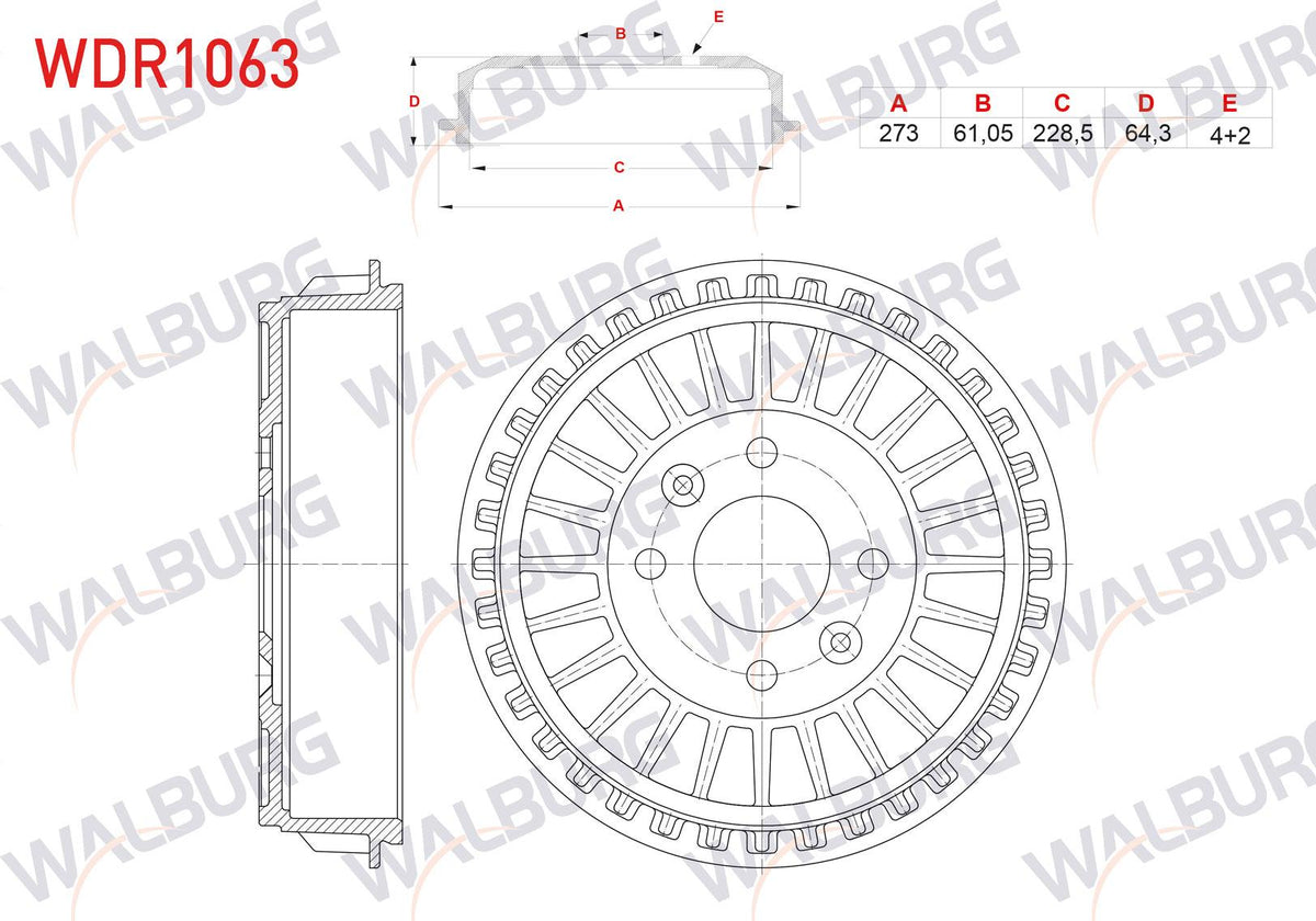 WALBURG WDR1063 Brake Drum Rear 4 Hole 273X228,5X61x64 — Brake Rotors & Drums