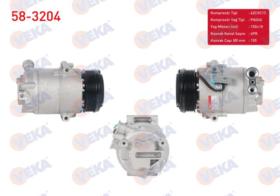 Veka 58-3204 A/C Compressor 6Pk 105mm Opel Astra H 1.3 CDTi 2004-2010