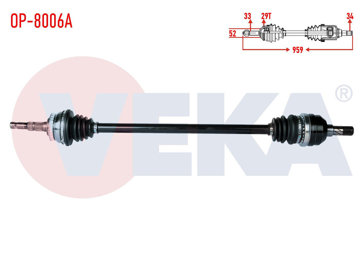 Veka OP-8006A Complete Axle Right Front Opel Vectra B 2.0i ABS li 29 Outer Length 959mm 1995-2003 — Axles, CV Joints & Boots
