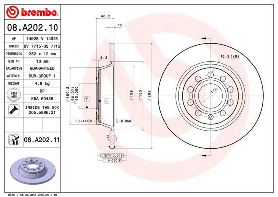 Brembo 08.A202.10 Brake Disc Rear VW Golf/Passat Seat Leon Skoda Octavia 282×12 5×112 — Brake Rotors & Drums
