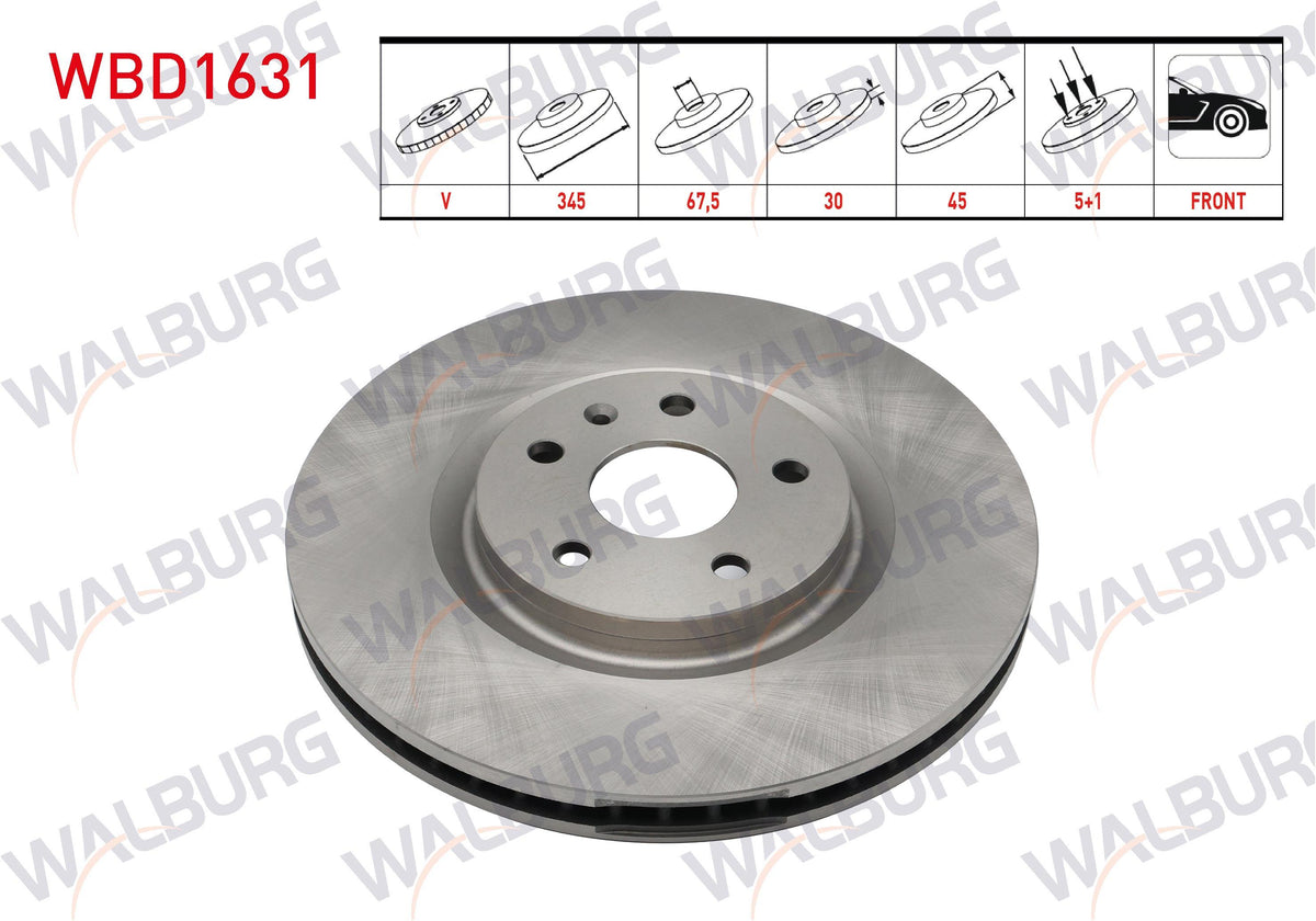 WALBURG WBD1631 Brake Disc Front Air 5 Bjn 18 Rim 345X30x67,5X45 Opel Insignia B 1.6 CDTi-1.6T-2.0 4X4 GSi 2017-| Set of 2