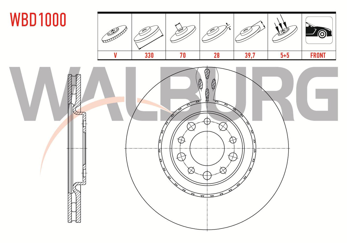 WALBURG WBD1000 Brake Disc Front Air 5 Bjn 330X28x70x39 — Brake Rotors & Drums