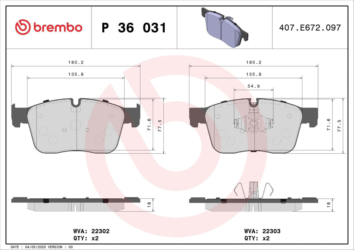 Brembo P36031 Brake Pad Front 350 mm Jaguar Xe X760 2.0 15-Landrover Velar — Brake Pads