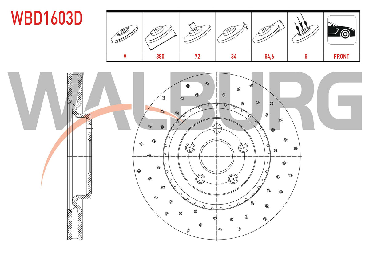 WALBURG WBD1603D Brake Disc Front Air Performance Drilled 5 Bjn 380X34x72x54,6 Jeep Grand Cherokee IV (Wk,Wk2) 3.0 Crd-3.6 V6 2010-| Set of 2