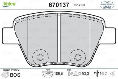 Valeo 670137 Rear Brake Pad VW Caddy/Golf/Jetta/Touran/Passat/Leon/Octavia/A1 09-15 — Brake Pads
