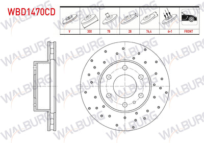 WALBURG WBD1470CD Brake Disc Front Air Coated Performance Drilled 6 Bjn 300X28x78x76 — Brake Rotors & Drums