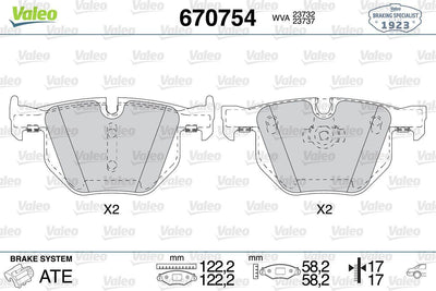 Valeo 670754 Brake Pad Rear BMW E60/E61/E63/E64 520/525/530 122mm — Brake Pads
