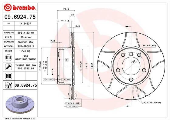 Brembo 09.6924.75 Brake Disc Front Cızgılı Air 296 mm (BMW 5 Serıe E39 520-523-525-528-530-535) — Brake Rotors & Drums