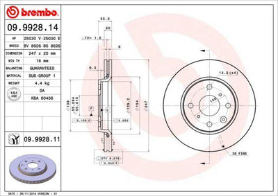 Brembo 09.9928.14 Brake Disc Front Air Grooved 247-4-(Peugeot 107 1.0 / 1.4 HDi 2005 /) — Brake Rotors & Drums
