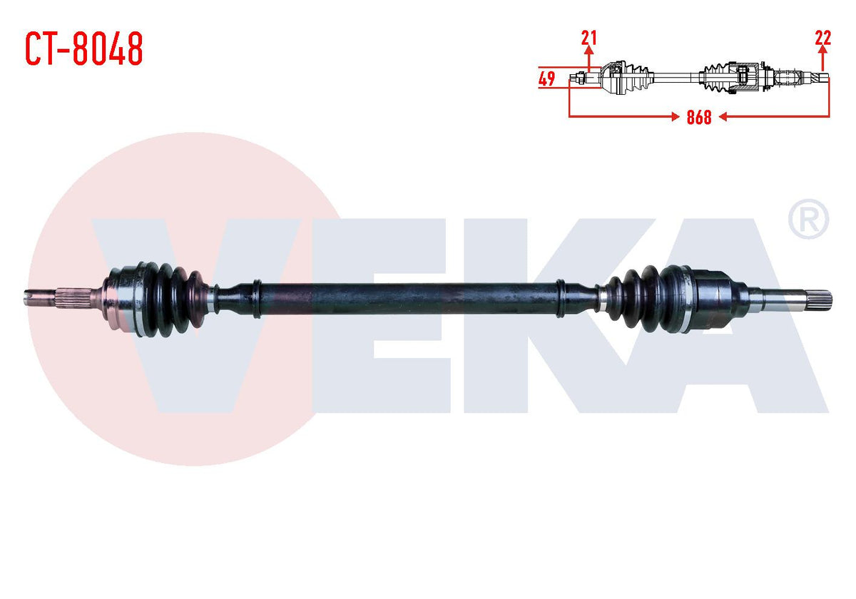 Veka CT-8048 Complete Axle Right Front Citroen C3 II 1.4 HDi M-T 21X22x49 Length 868mm 2009-2016 — Axles, CV Joints & Boots