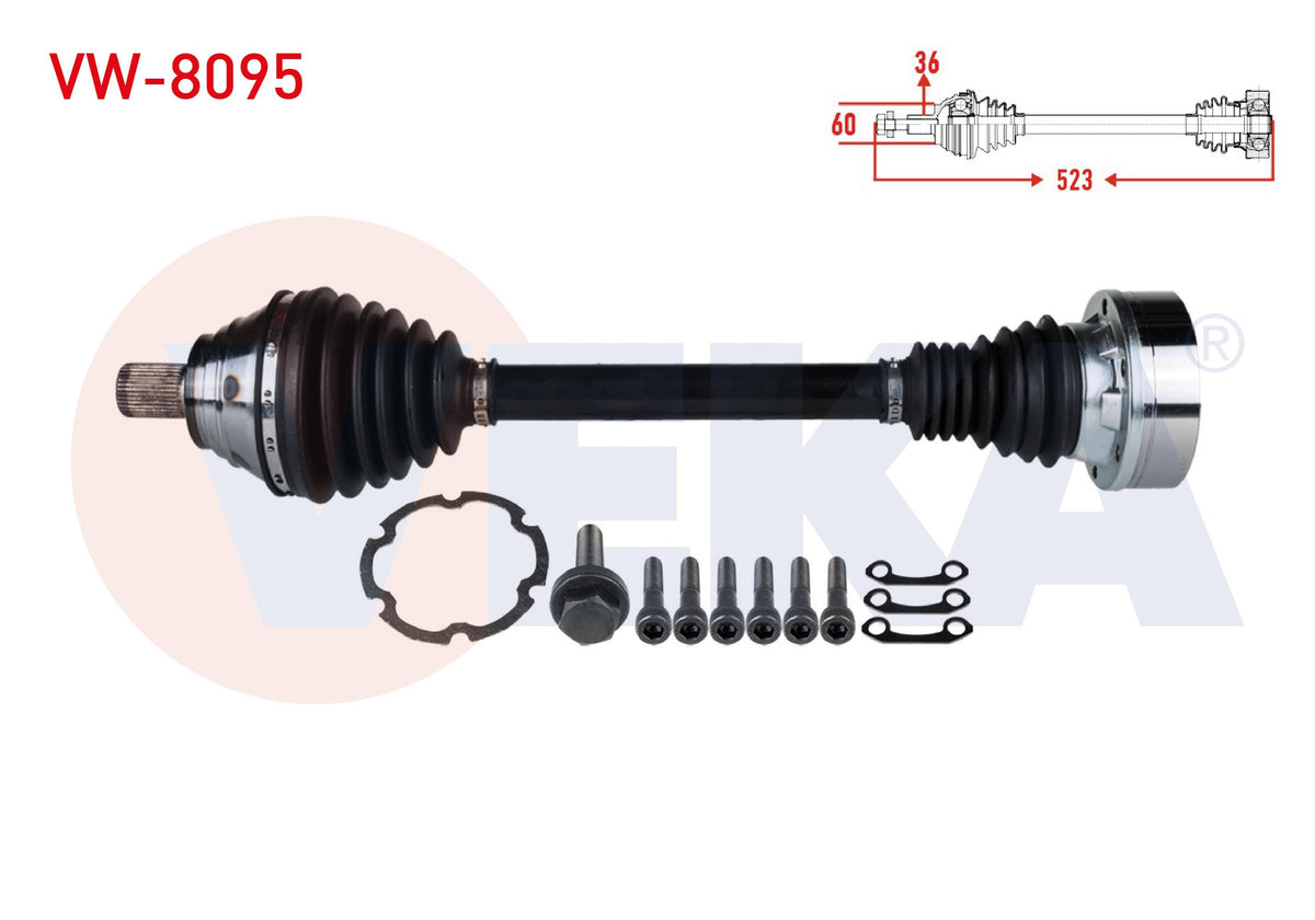 Veka VW-8095 Complete Axle Left Front Length 523mm VW Golf VII (5G1) 1.6 TDI A-T 2012-/ Golf VI (5 — Axles, CV Joints & Boots