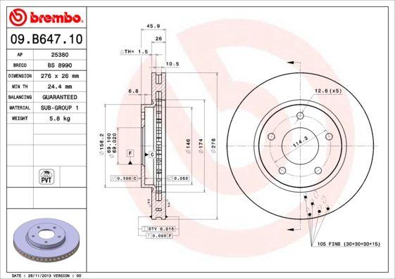 Brembo 09.B647.10 Brake Disc Lancer 1.5/1.6/1.8 08-Front 276 mm Set of 2 — Brake Rotors & Drums