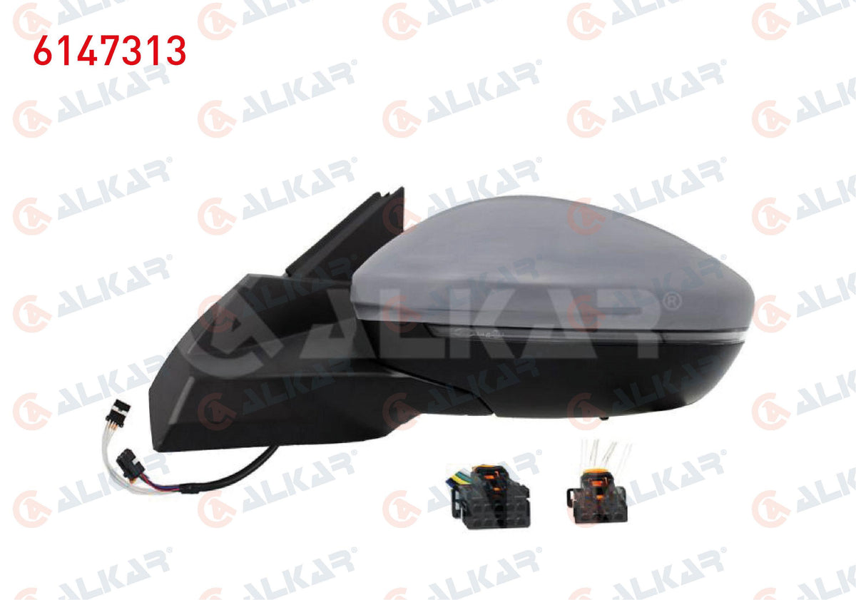 Alkar 6147313 Outer Rear View Mirror Left Electric Heated Primed Automatic Folding with Turn Sign — Tail, Signal & Reflectors
