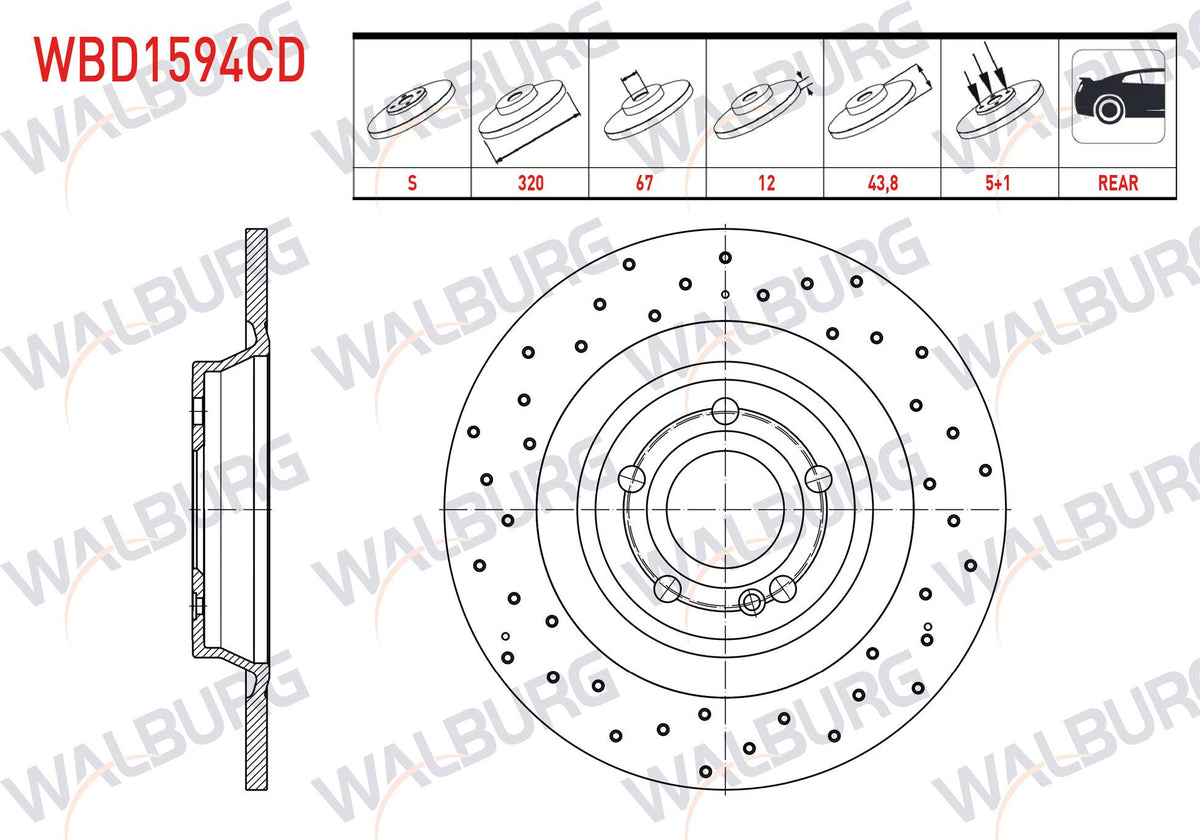 WALBURG WBD1594CD Brake Disc Rear Straight Coated Performance Drilled 5 Bjn 320X12x67x43,8 Mercedes A (W177) 180-180 D 200 2018-/ CLA (C118) 180 D-200 2019-/ B (W247) 180-180 D 2019-/ Gla (H247