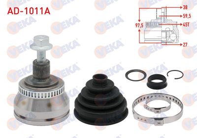 Veka AD-1011A CV Joint Left-Right Front Outer Volkswagen Passat (3B3) 1.9 TDI with ABS 45 Outer 38 — Axles, CV Joints & Boots