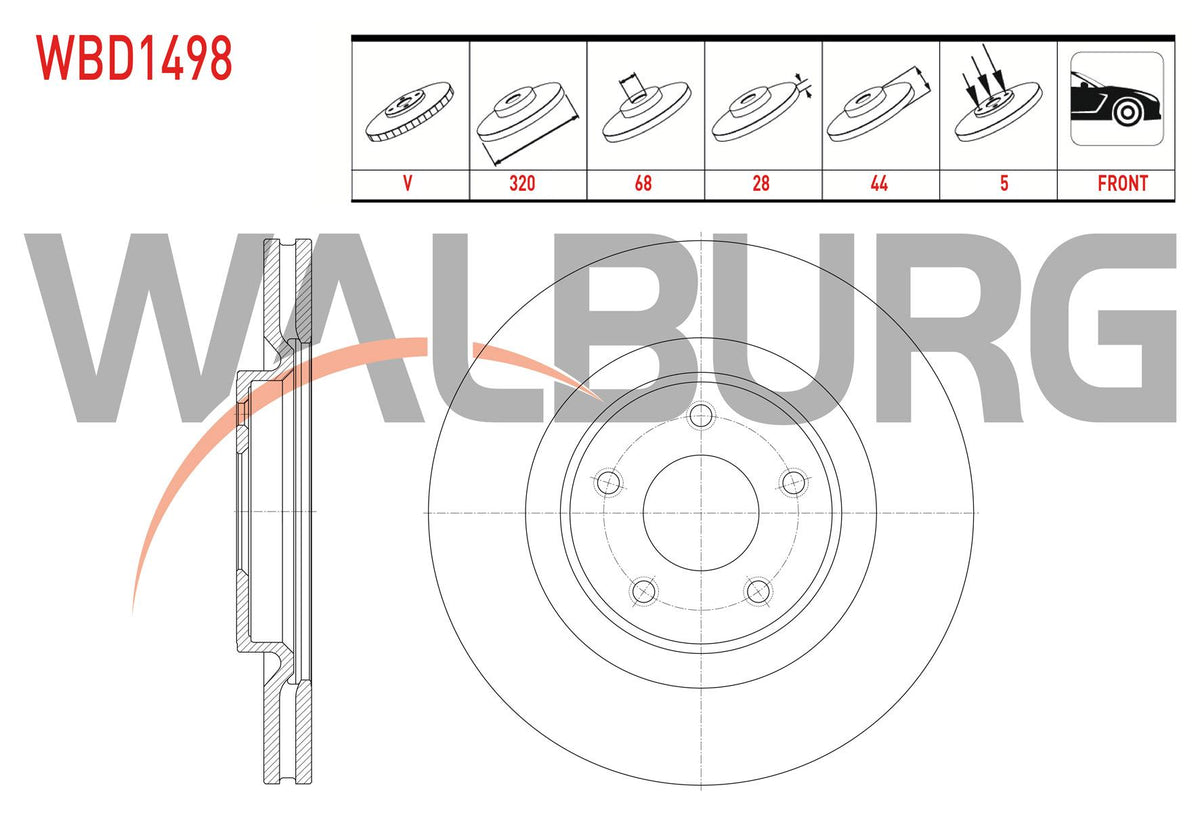 WALBURG WBD1498 Brake Disc Front Air 5 Bjn 320X28x68x44 Nissan X-Trail (T32) 1.6 dCi 2013-/ X-Trail (T — Brake Rotors & Drums