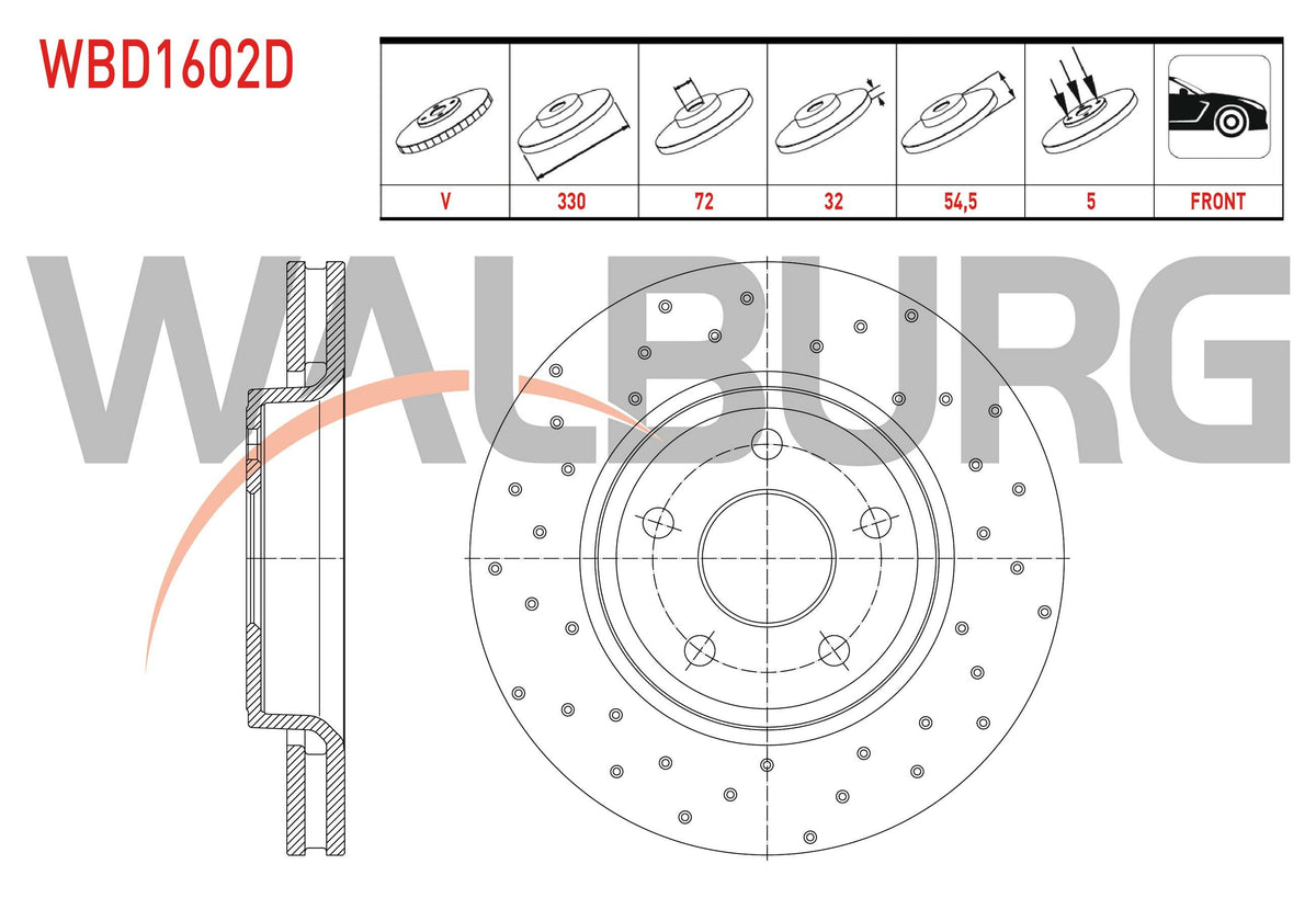 WALBURG WBD1602D Brake Disc Front Air Performance Drilled 5 Bjn 17 Rim 330X32x72x54,5 Jeep Grand Cherokee IV (Wk,Wk2) 3.0 Crd-3.6 V6 2010-| Set of 2