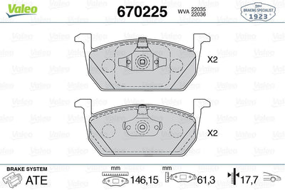 Valeo 670225 Brake Pad Front (146 mm) Volkswagen Golf VII Audi A3 Seat Leon Skoda Octavia III 12 — Brake Pads