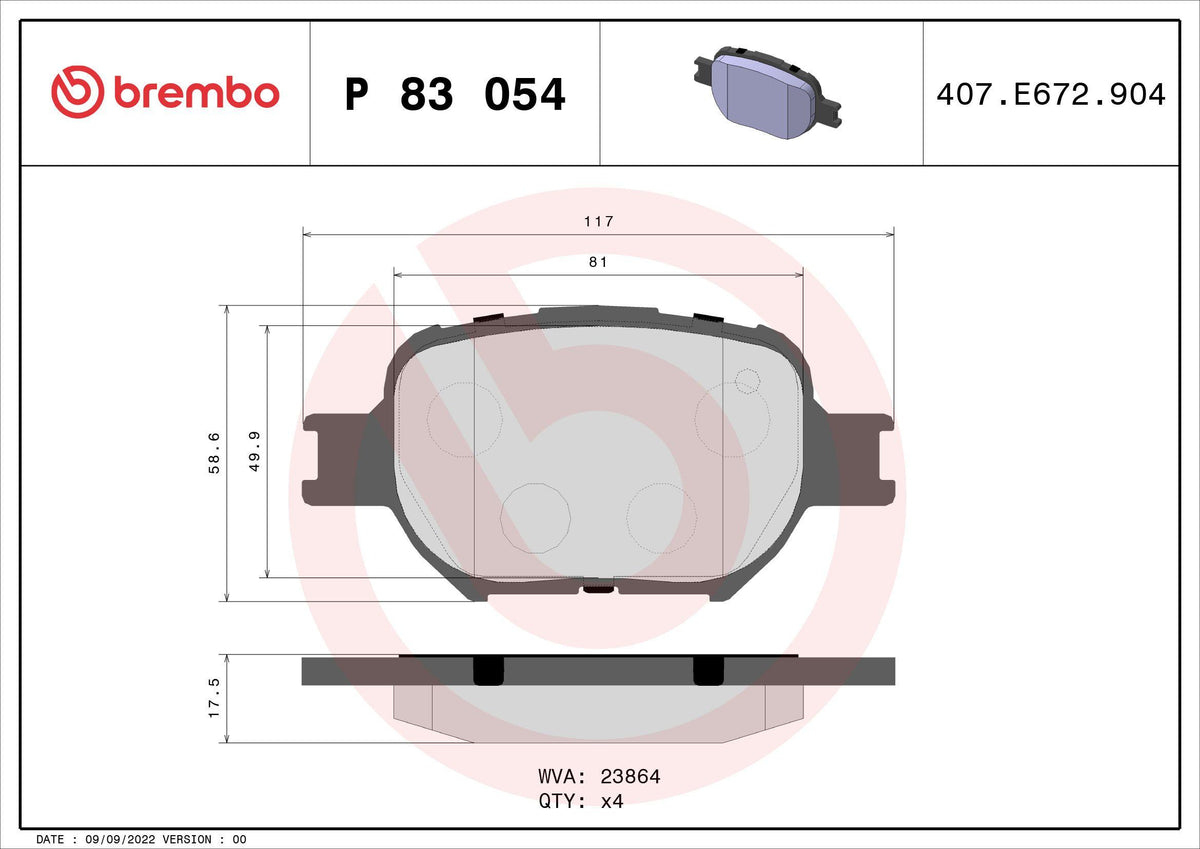 Brembo P83054 Brake Pad Front (Toyota Corolla Verso 1.8 / 2.0D 01-04) Low-Met