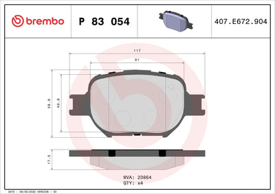 Brembo P83054 Brake Pad Front (Toyota Corolla Verso 1.8 / 2.0D 01-04) Low-Met — Brake Pads