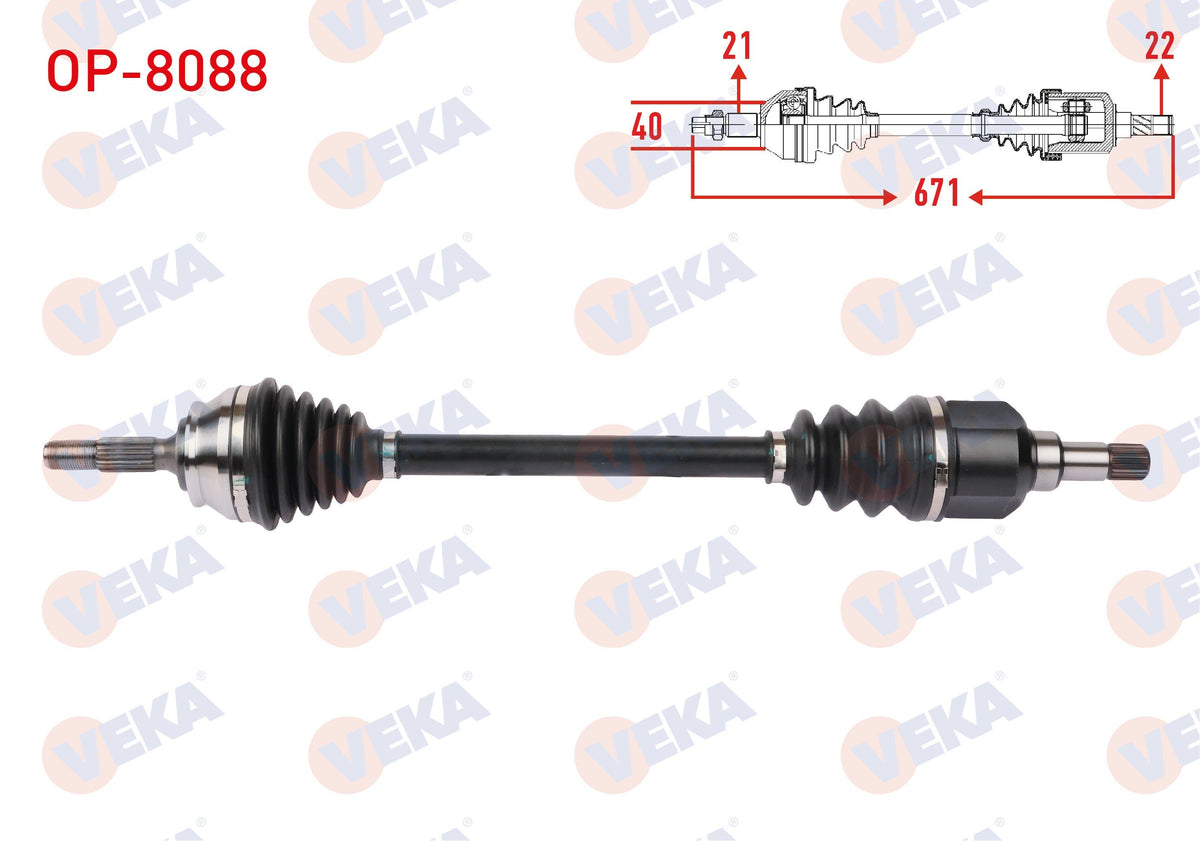 Veka OP-8088 Complete Axle Left Front Length 671mm Opel Corsa F 1.2 2019-/ Peugeot 208 1.2 Puretec — Axles, CV Joints & Boots