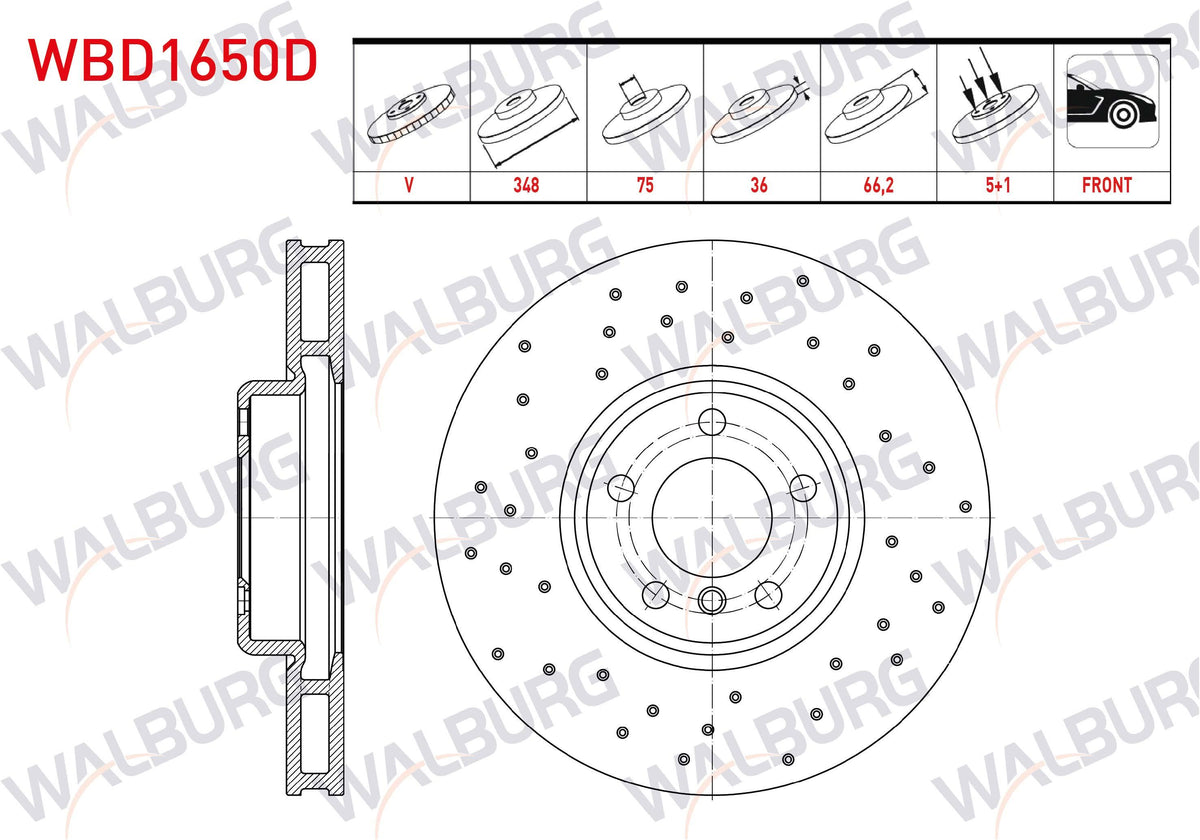WALBURG WBD1650D Brake Disc Front Right Air Performance Drilled 5 Bjn 348X36x75x66 — Brake Rotors & Drums