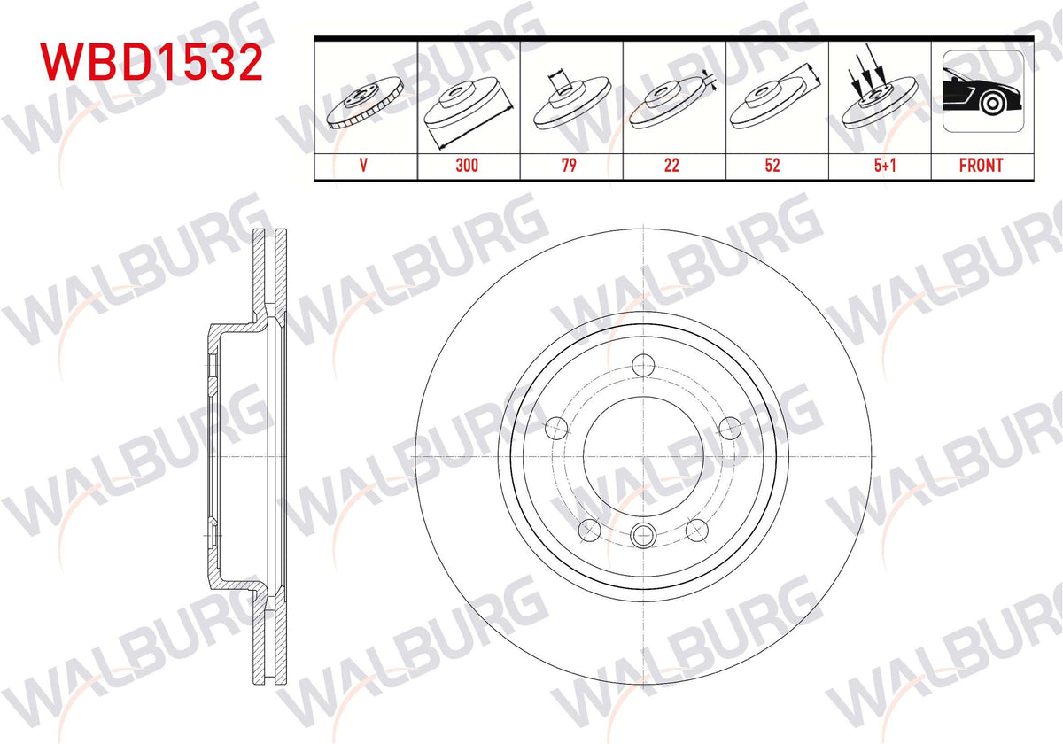 WALBURG WBD1532 Brake Disc Front Air BMW 3 Series (E46) 320 D 5 Bjn 300X22x79x52 1998-2005 — Brake Rotors & Drums