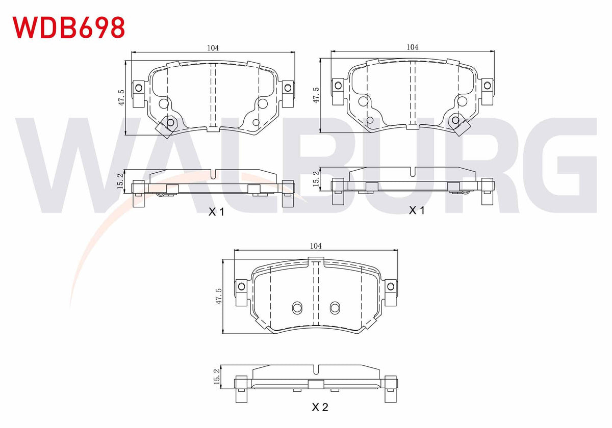 WALBURG WDB698 Brake Pad Rear with Wear Indicator Mazda 6 (Gj,Gh) 2.0 2013-/ Mazda 6 (Gj,Gh) 2.2 D 2013