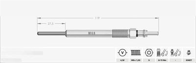MGA 10124 Glow Plug 4,4 V (Fiat:Doblo Fiorino Idea Linea Punto 1.3 D Multujet 09 -) Euro 5 — Coils & Plugs