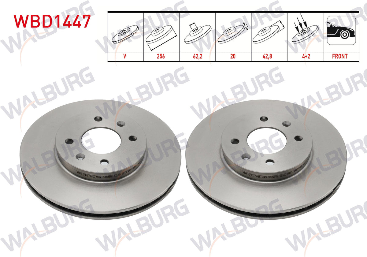 WALBURG WBD1447 Brake Disc Front Air 4 Bjn 256X20x62,2X42,8 Kia Picanto 1.0 MPI-1.25 MPI 2017-| Set of 2