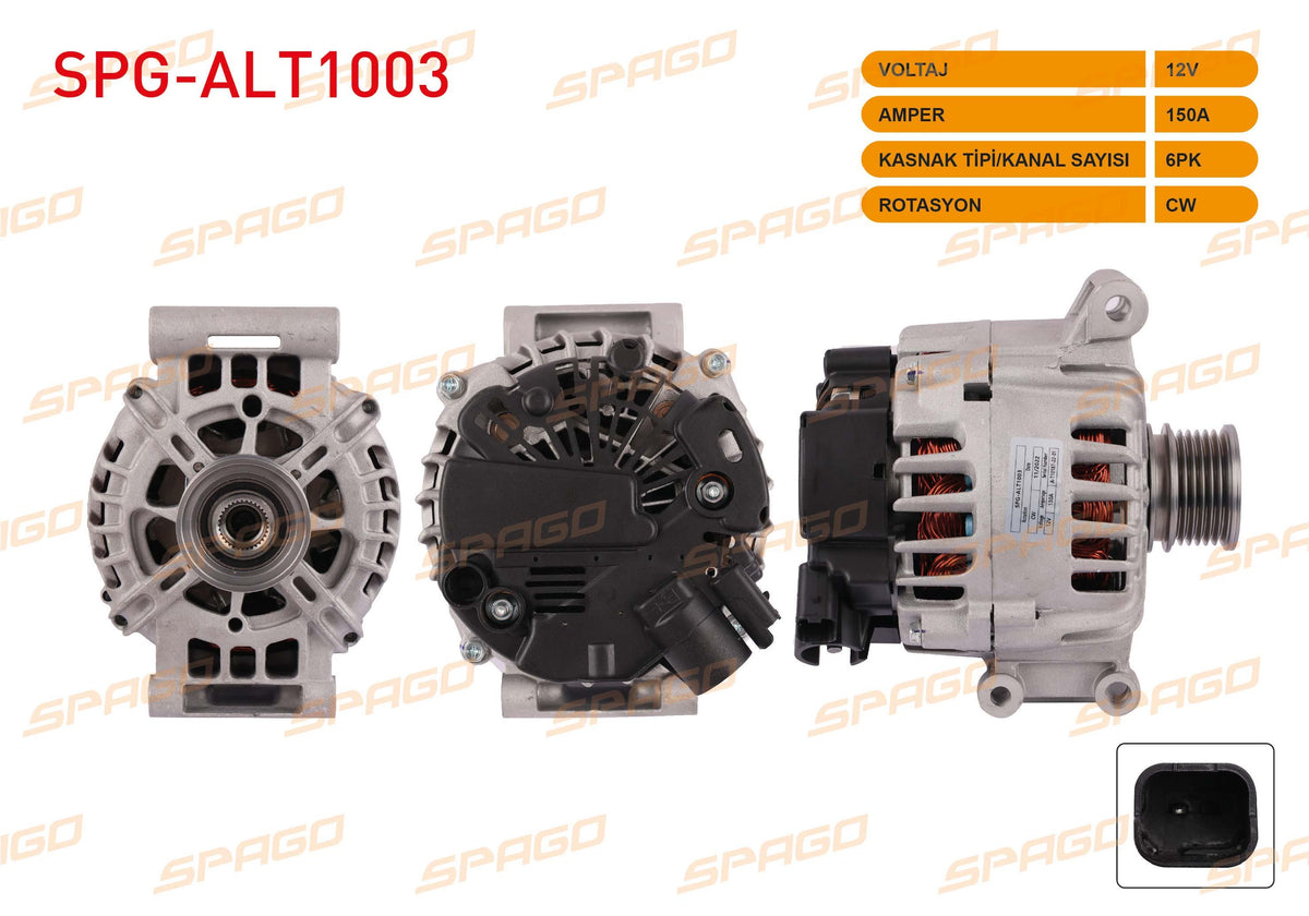 SPAGO SPG-ALT1003 Alternator 12V 150A 6Pk (Alt2330) 207 308 508 3008 / C4 C5 Ds3 Ds4 / Cooper R56 (1.6 — Starting & Charging