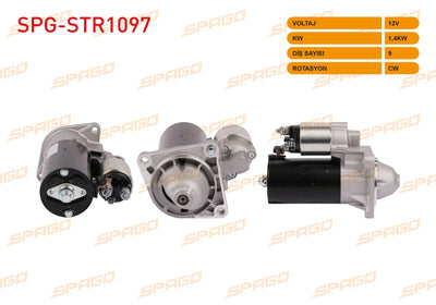 SPAGO SPG-STR1097 Starter Motor 12V 1.4Kw 9 Outer Cw Doblo 01-23-Linea 09-15-Bravo II 07-14 (1.6 1.9 Mj — Starting & Charging