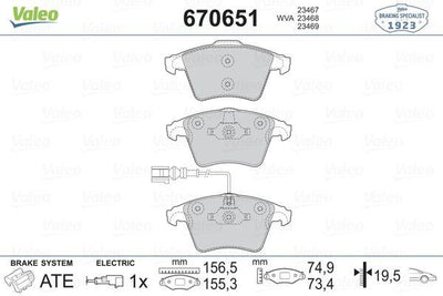 Valeo 670651 Brake Pad Front VW Transporter T5/T6 16 Rim