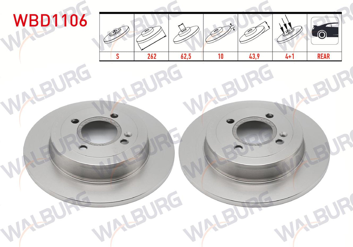 WALBURG WBD1106 Brake Disc Rear Straight 4 Bjn 262X10x62,5X44 — Brake Rotors & Drums