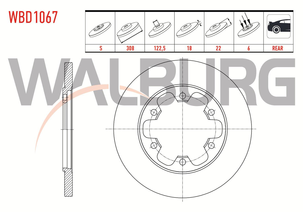 WALBURG WBD1067 Brake Disc Rear Straight 6 Bjn 308X18x122 — Brake Rotors & Drums