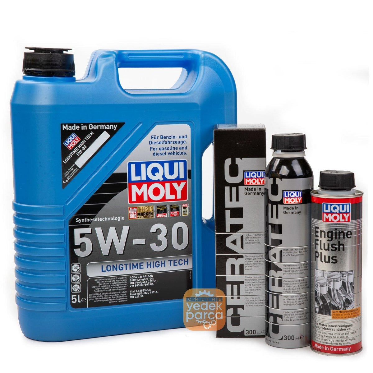 LIQUI MOLY 5W-30 Motor Oil DPF`li Synthetic LONGTIME HIGH TECH 5 Litre ( 9507 ) + Ceratec ( 7181 ) + Engine Flush Plus ( 2657 ) Additive Kit