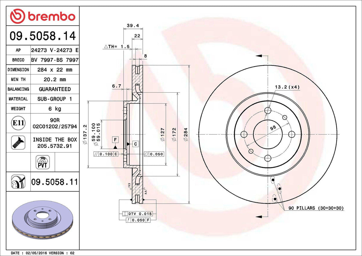 Brembo 09.5058.14 Brake Disc Front Standard Fiat/Punto 1.9 JTD Tipo Alfa 145/146/155 | Set of 2